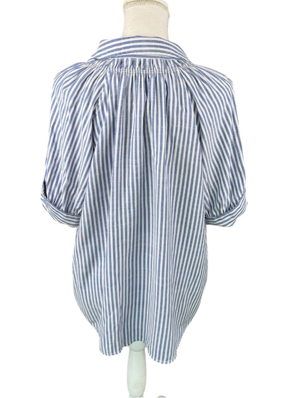 Max Studio Blue & White Striped Popover Blouse Collared Neck Short Cuffed Sleeve - Picture 3 of 11